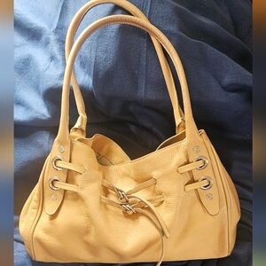 PRUNE Camel Leather Shoulder Bag Drawstring Gathered Purse Made in Argentina